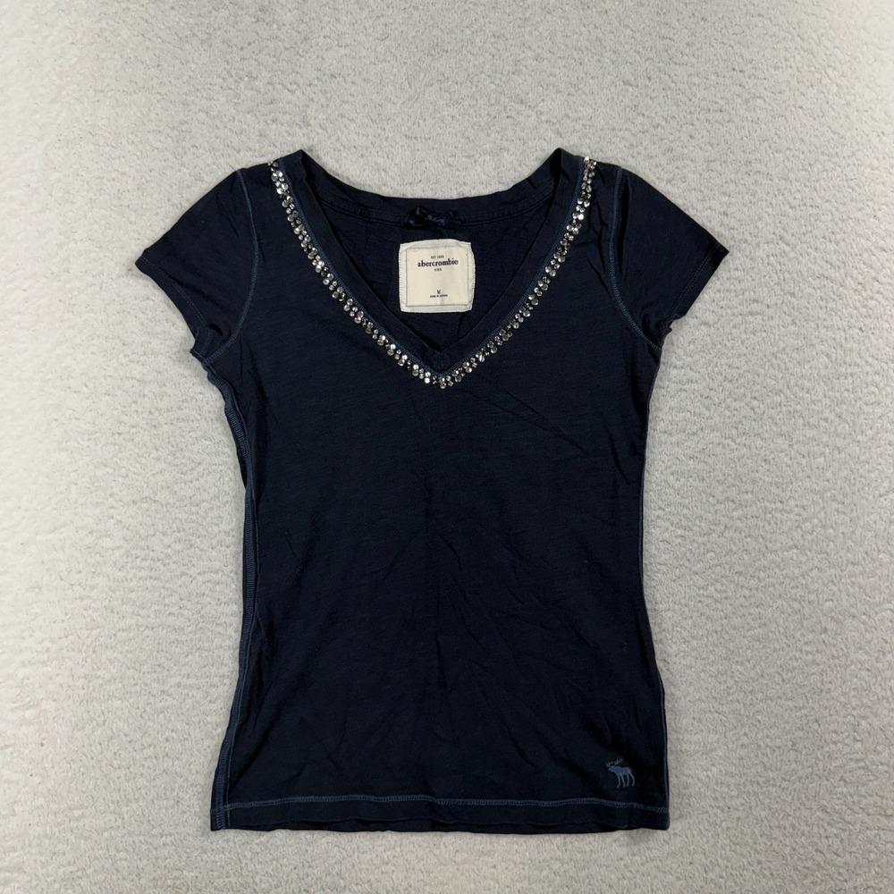 Vintage ABERCROMBIE & FITCH Kids NAVY BLUE Embellished T-SHIRT SZ Med youth